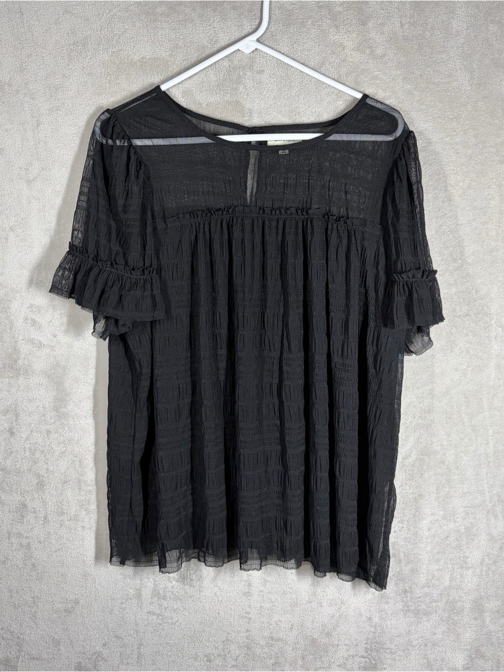 Mesh Ruffle Babydoll Top‎ Black Size 1X Crinkle Sheer Witchy Coquette Whimsigoth